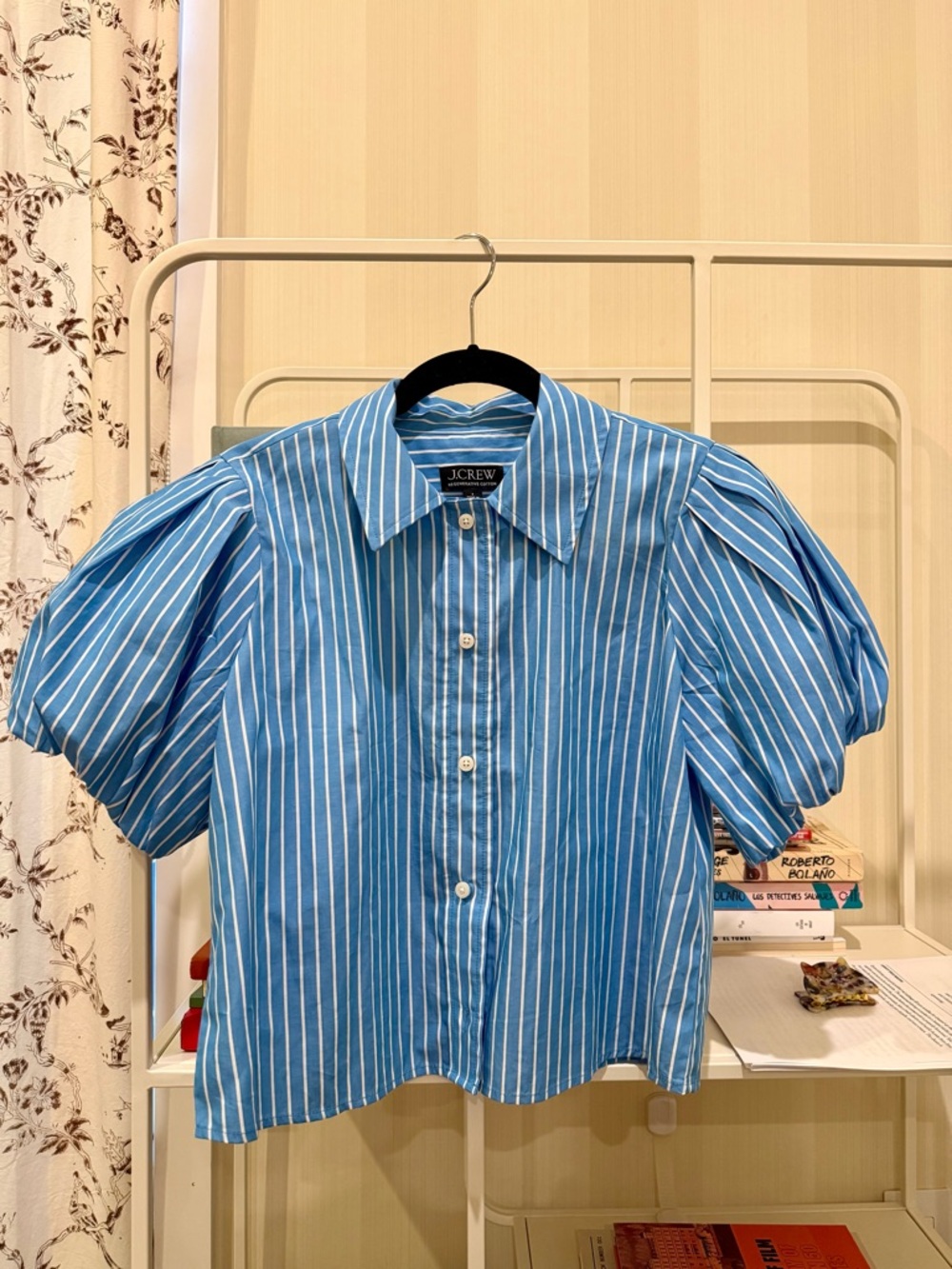 J. Crew Light Blue and White Striped Pouf Sleeve Blouse